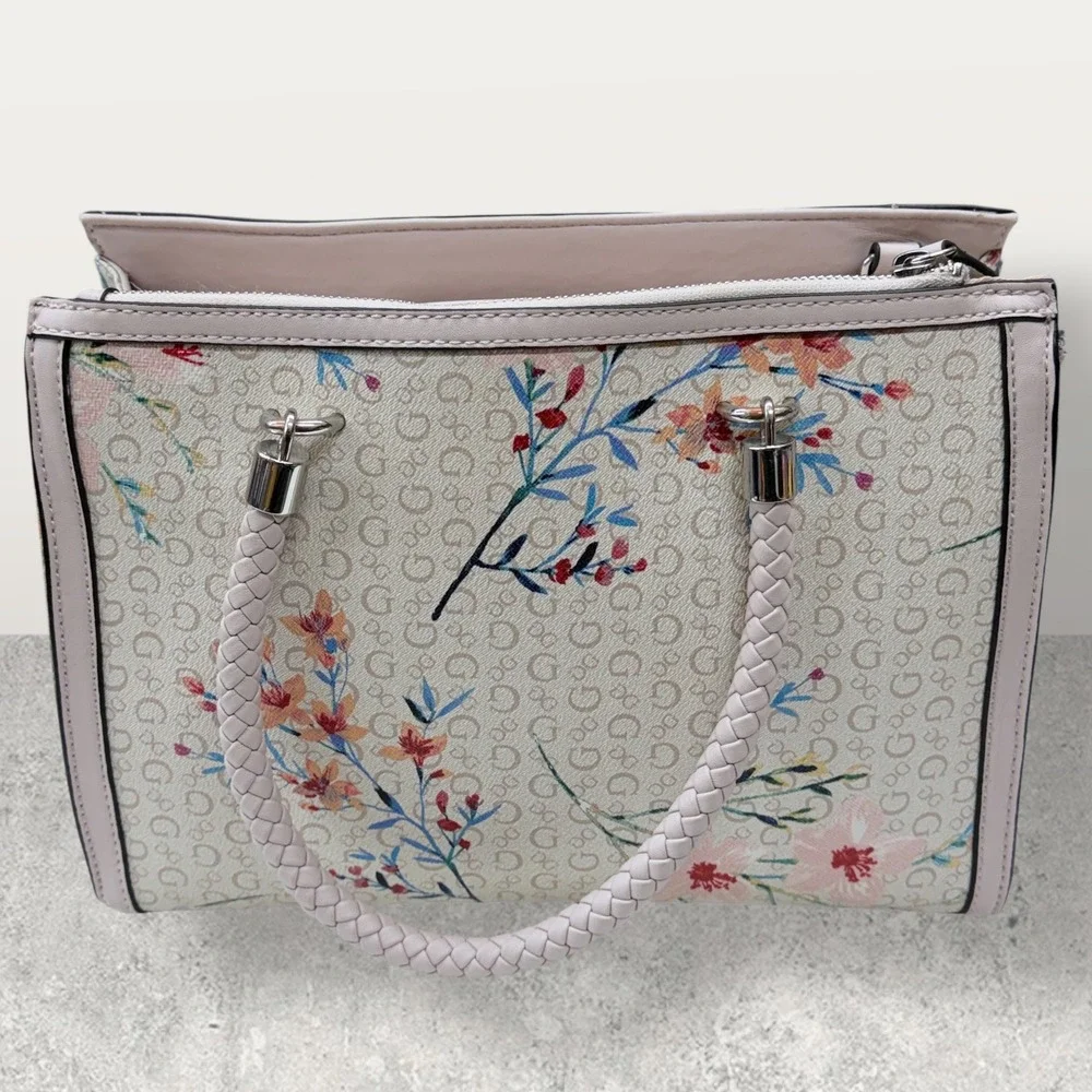 GUESS Floral Monogram Satchel‎ Bag Pink Multi PR681906 Braided Handle Tassel